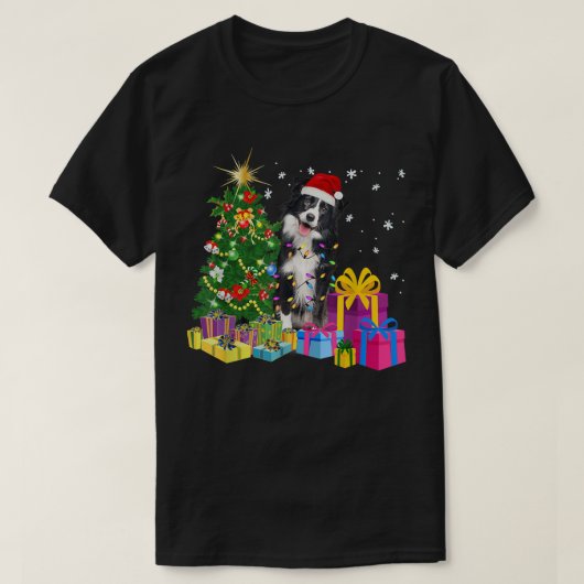 Santa Border Collie Dog Weihnachtsbaum Licht Funny T-Shirt (Design vorne)