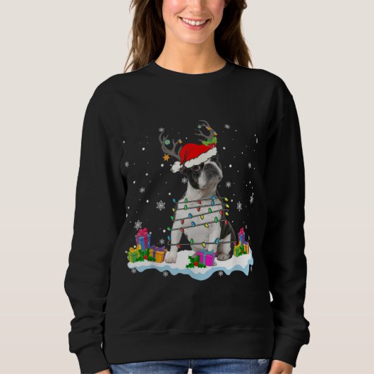Santa Boston Terrier Christmas Lights Santa Reinde Sweatshirt (Vorderseite)