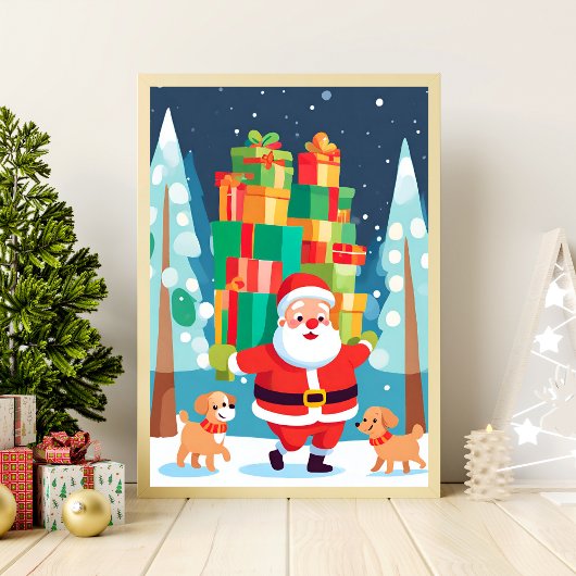 Santa Bringing Presents and Puppies | Wall Art Poster
