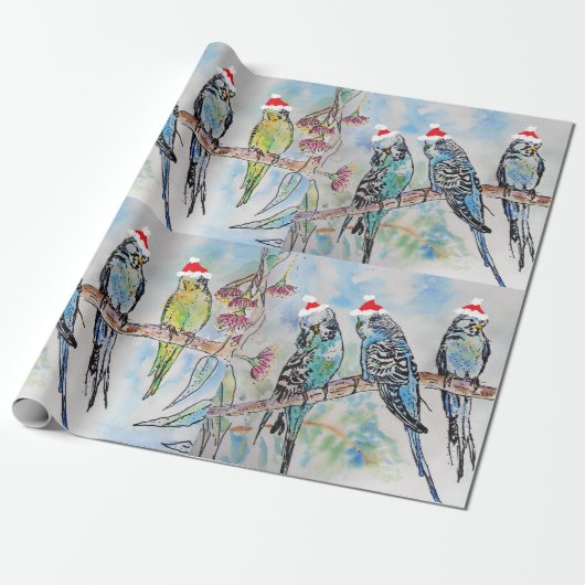 Santa Budgie Budgies Blumenmuster Papier Geschenkpapier (Ungerollt)