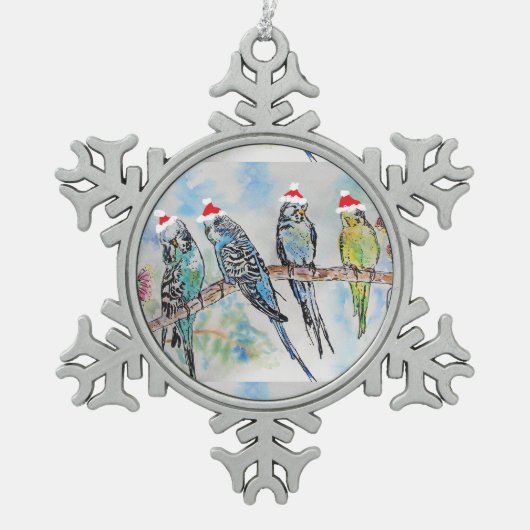 Santa Budgie Parrot Aquarellfarben Schneeflocken Zinn-Ornament (Vorderseite)