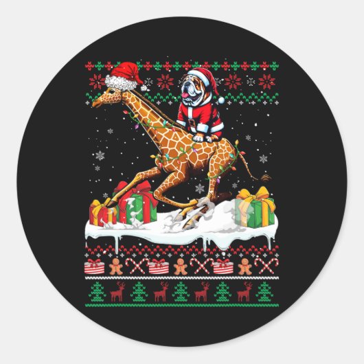Santa Bulldog Riding Giraffe Weihnachten Sweater L Runder Aufkleber (Vorderseite)
