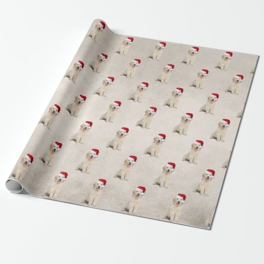 Santa Cap auf Golden Retriever Puppy Geschenkpapier (Ungerollt)