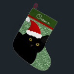 Santa Cat Black mit gelben Augen Personalisiert Großer Weihnachtsstrumpf<br><div class="desc">Erstellen Sie einen personalisierten Strumpf für Ihr Pelzkind. Dieses Design besteht aus einer kurzen Haar schwarzen Katze mit gelben Augen in einer niedlichen Weihnachtsmannmütze in Weihnachtsfarben. Passen Sie den Hintergrund und den Textstil an Ihre Bedürfnisse an. Originelles Design von Night Owl's Menagerie,  2017.</div>