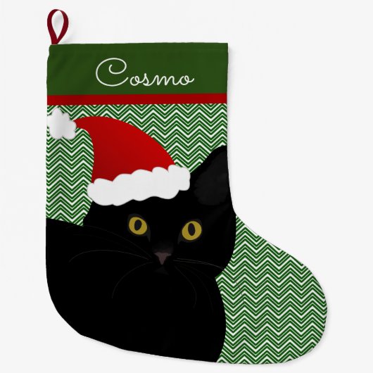 Santa Cat Black mit gelben Augen Personalisiert Großer Weihnachtsstrumpf (Vorderseite)