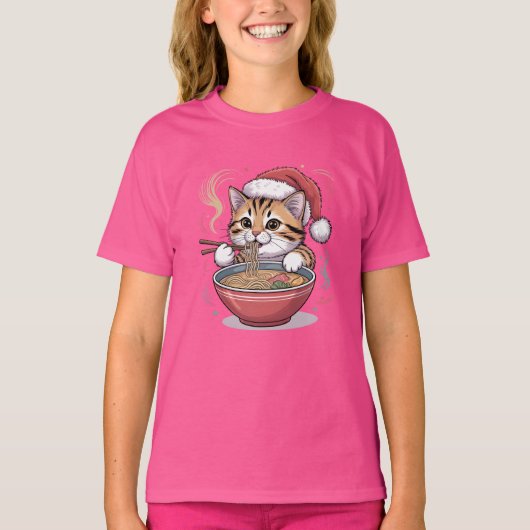 Santa Cat Eating Ramen Cute Christmas Kitty T-Shirt (Vorderseite)
