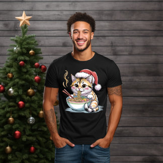 Santa Cat Eating Ramen Cute Christmas Kitty T-Shirt