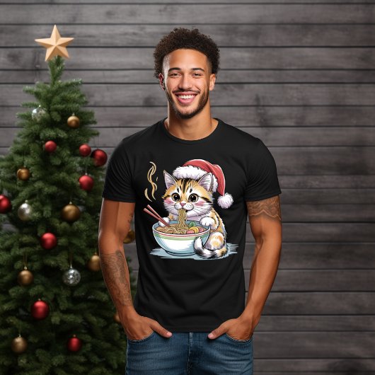 Santa Cat Eating Ramen Cute Christmas Kitty T-Shirt