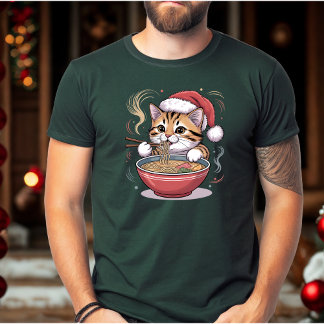 Santa Cat Eating Ramen Cute Christmas Kitty T-Shirt