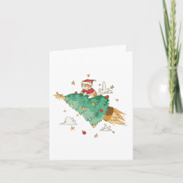 Santa Cat Flying on a Christmas Tree Karte