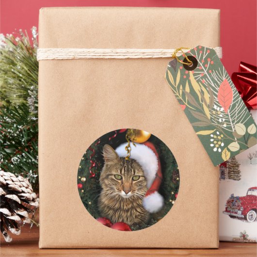 Santa Cat-Geschenk-Tag Runder Aufkleber (Feiertag)