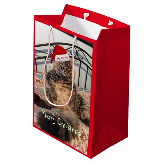 Santa Cat Ho Ho Ho Medium Geschenktasche Mittlere Geschenktüte (Rückseite Schrägansicht)