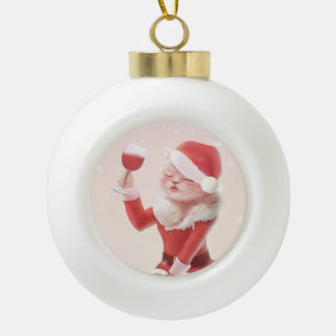 Santa Cat Holding Glass Roter Wein Keramik Kugel-Ornament