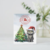 Santa Cat Mail mit Weihnachtsbaum Feiertagspostkarte (Stehend Vorderseite)