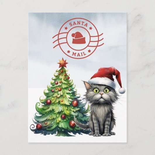 Santa Cat Mail mit Weihnachtsbaum Feiertagspostkarte (Vorderseite)