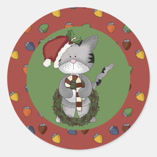 Santa Cat mit Candy Cane und Wreath Runder Aufkleber (Vorderseite)