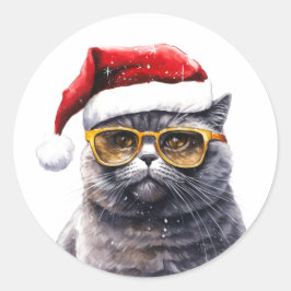 Santa Cat mit Sonnenbrillen Aufklebern Runder Aufkleber