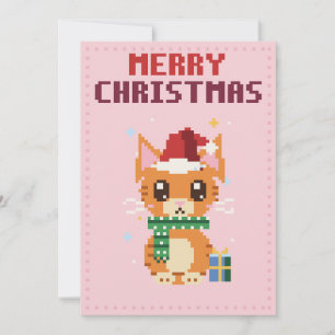 Santa Cat Pink Pixel Art Weihnachtskarte Feiertagskarte