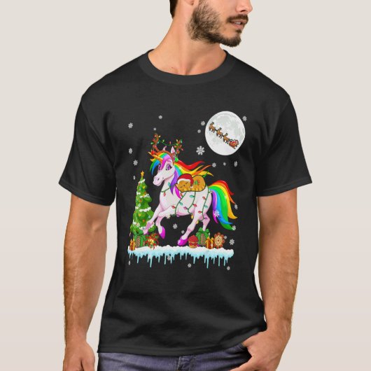 Santa Cat Ridding Reindeer Unicorn Christmas Tree T-Shirt (Vorderseite)