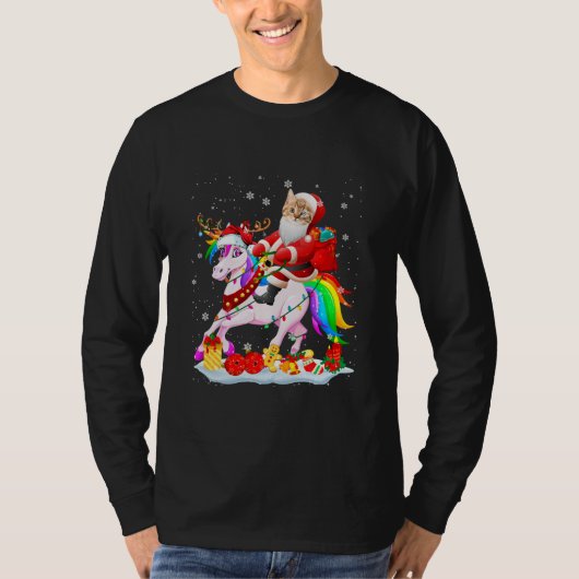 Santa Cat Riding Unicorn Weihnachten T-Shirt (Vorderseite)
