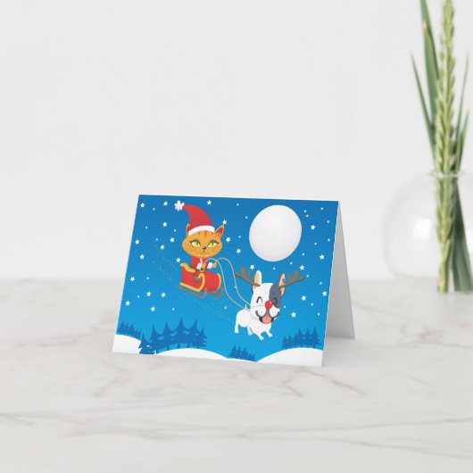 Santa Cat Sleigh Feiertagskarte (Vorderseite)