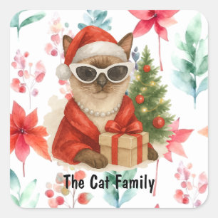 Santa Cat wear Sonnenbrille hält Weihnachtsgeschen Quadratischer Aufkleber