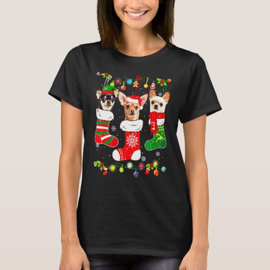 Santa Chihuahua Puppy Christmas Lights Socks Xmas T-Shirt (Vorderseite)