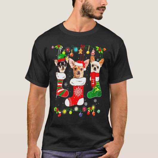 Santa Chihuahua Puppy Christmas Lights Socks Xmas T-Shirt (Vorderseite)