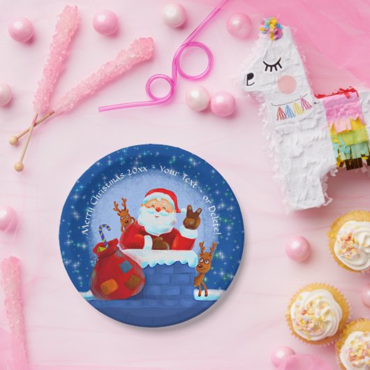 Santa Chimney Rentier Sack Add Year Text Blue 7" Pappteller (Party)