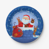 Santa Chimney Rentier Sack Add Year Text Blue 7" Pappteller (Vorderseite)