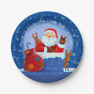 Santa Chimney Rentier Sack Add Year Text Blue 7" Pappteller