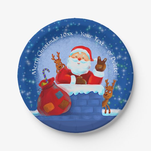 Santa Chimney Rentier Sack Add Year Text Blue 7" Pappteller (Vorderseite)