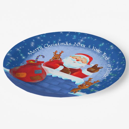 Santa Chimney Rentier Sack Jahr hinzufügen Text bl Pappteller (Schrägansicht)