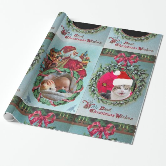 SANTA, CHRISTMAS CROWN, RED RIBON FOTOVORLAGE GESCHENKPAPIER (Ungerollt)