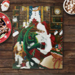 Santa Christmas Dragon Fantasy Puzzle<br><div class="desc">Santa mit einem jungen grünen Drachen auf seinem Schoß. In der Höhle des Weihnachtsmannes gibt es eine Tüte Spielzeug,  Gänseleber,  weiße Einhorn und zwei Katzen in Bücherregalen. Hinter dem Hotel befindet sich ein Kamin,  Bücherregale mit Büchern und Wandteppichen eines Schneemanns</div>