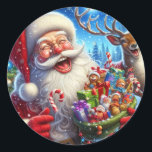 Santa Christmas Laughing Candy Cane Reindeer Runder Aufkleber<br><div class="desc">Weihnachten Laughing Candy Cane Rentier Classic Round Sticker</div>