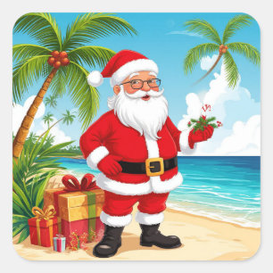 Santa Claus am sonnigen Strand mit Weihnachtsgesch Quadratischer Aufkleber