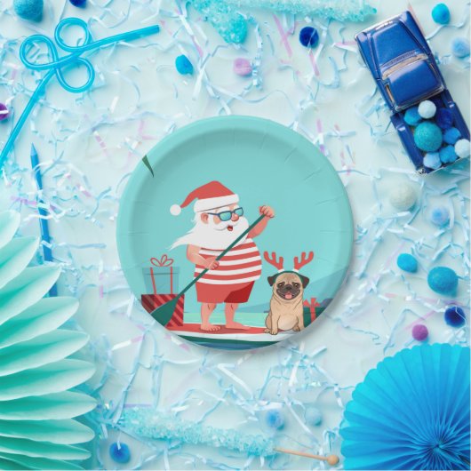 Santa Claus and His Pug on a Surfboard Pappteller (Party)