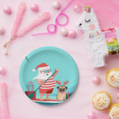 Santa Claus and His Pug on a Surfboard Pappteller (Party)