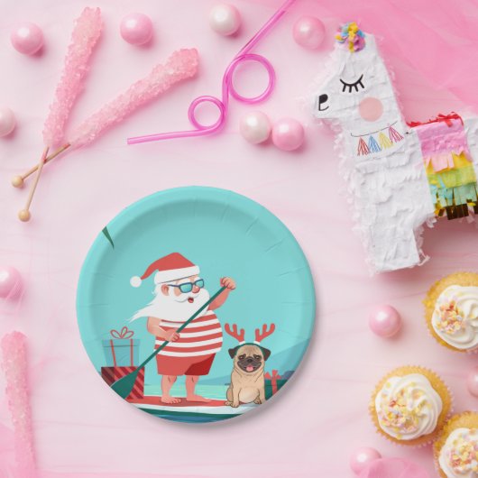 Santa Claus and His Pug on a Surfboard Pappteller (Party)