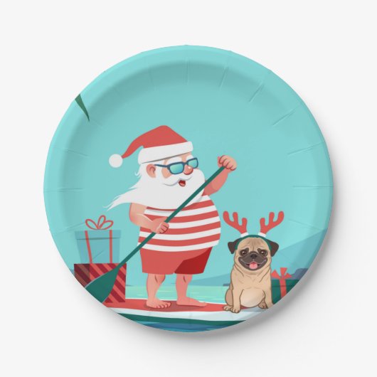 Santa Claus and His Pug on a Surfboard Pappteller (Vorderseite)