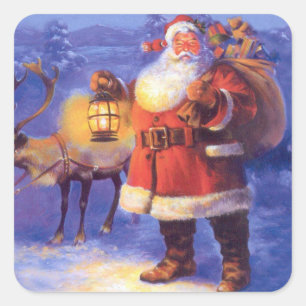Santa Claus and his reindeer Quadratischer Aufkleber