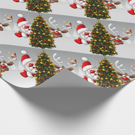 Santa claus and reindeer behind a christmas tree.j geschenkpapier (Ecke)