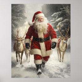 Santa Claus and Reindeer Christmas Wall Art Poster