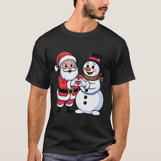 Santa Claus And Snowman Heart Hand Sign Christmas T-Shirt (Vorderseite)