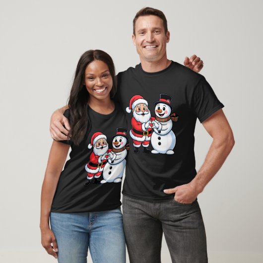 Santa Claus And Snowman Heart Hand Sign Christmas T-Shirt (Unisex)