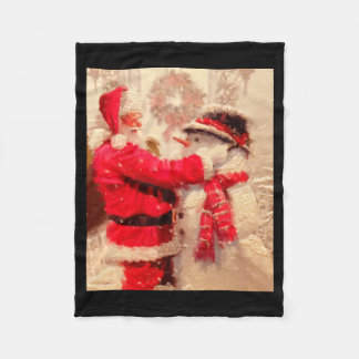Santa Claus And Snowman In Snowfall Fleecedecke
