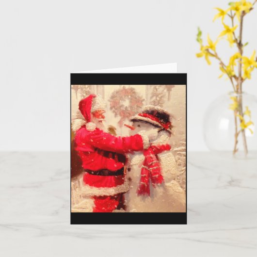 Santa Claus And Snowman In Snowfall Karte (Gelbe Blume)