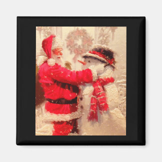 Santa Claus And Snowman In Snowfall Magnet