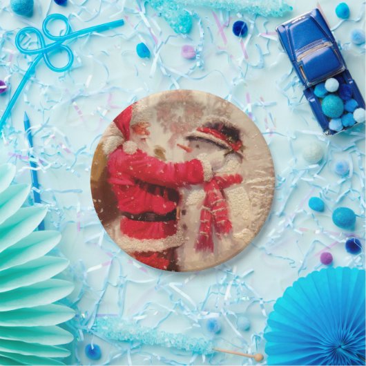 Santa claus and snowman in snowfall pappteller (Party)